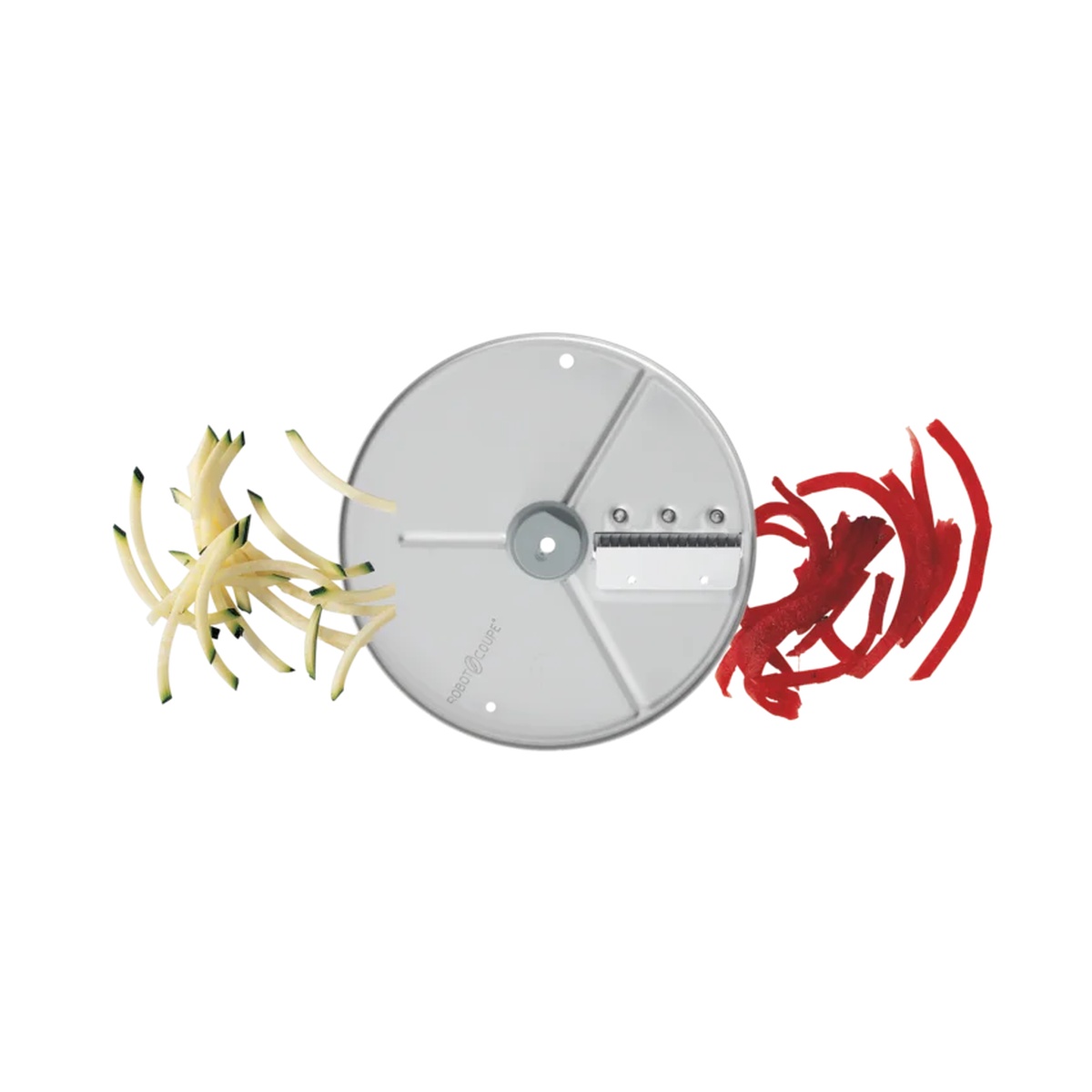 Robot Coupe julienne cutting disc with cream and red julienne vegetable examples