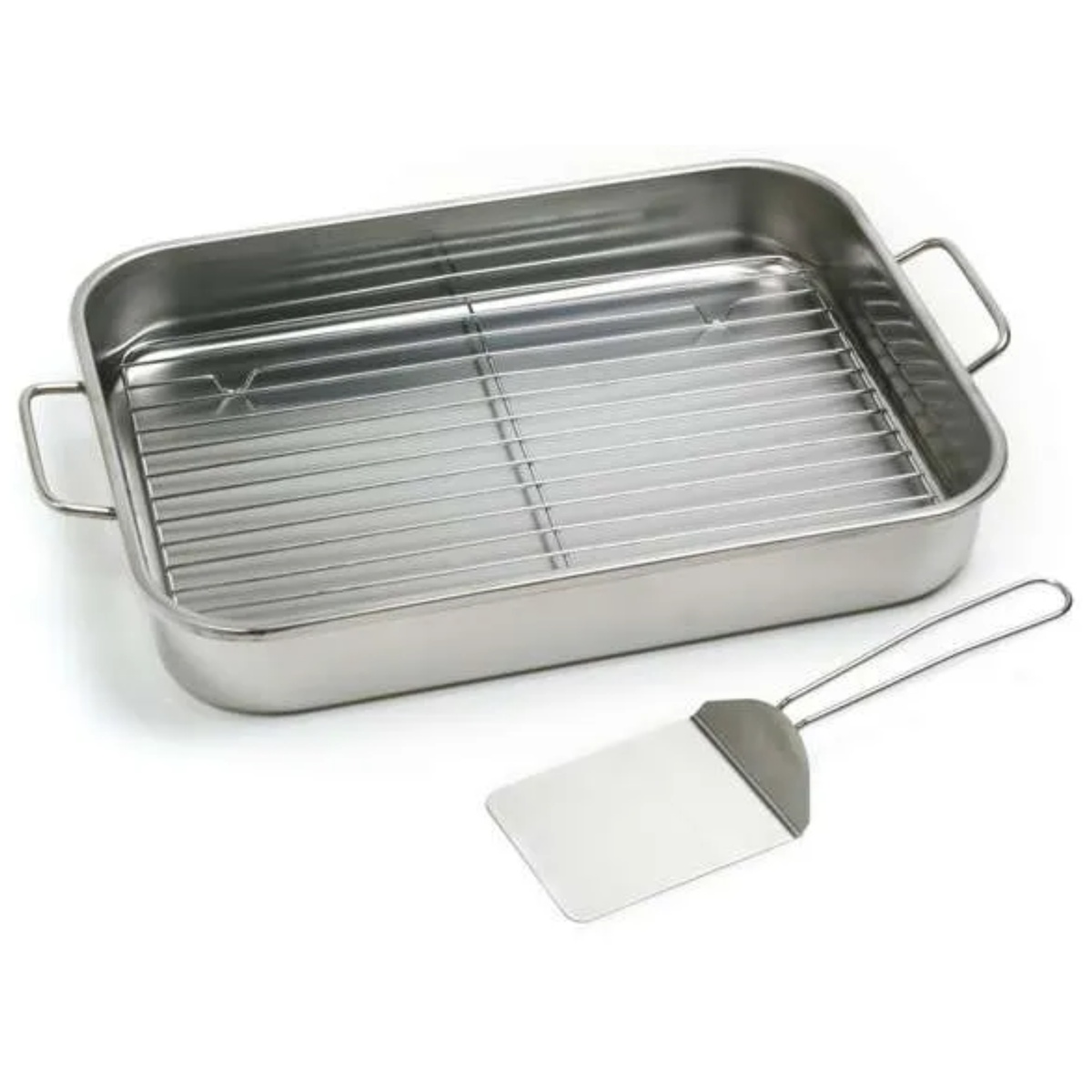 Norpro stainless steel roasting pan set showing pan with removable wire rack inserted and spatula placed alongside
