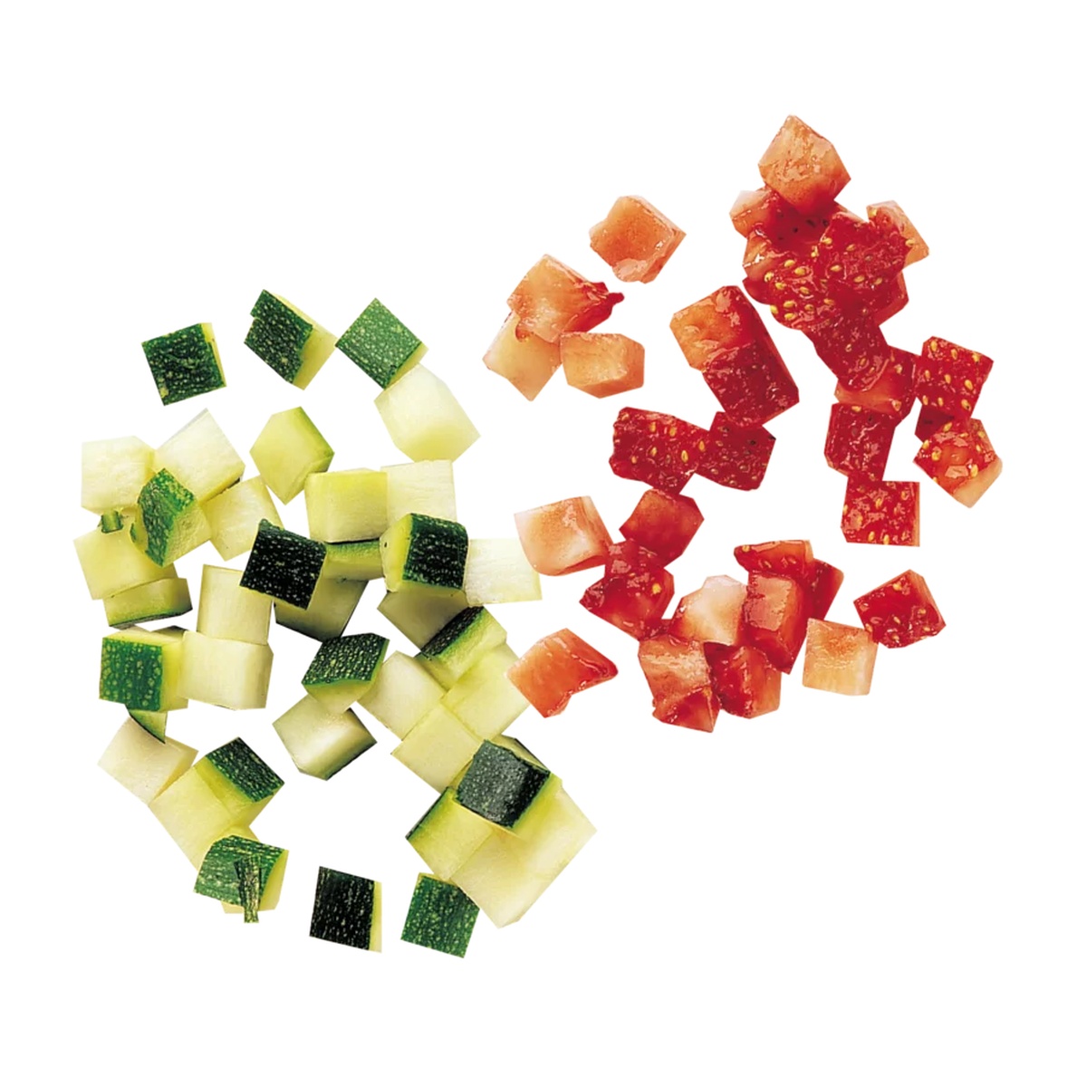 Diced vegetable and fruit cubes showing 8 mm cut size