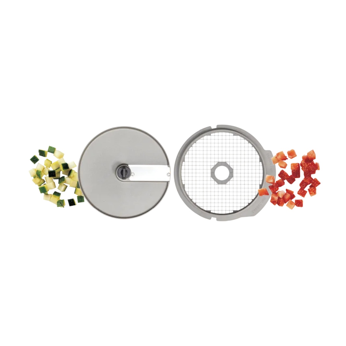 Dicing disc and grid shown side by side with diced pieces