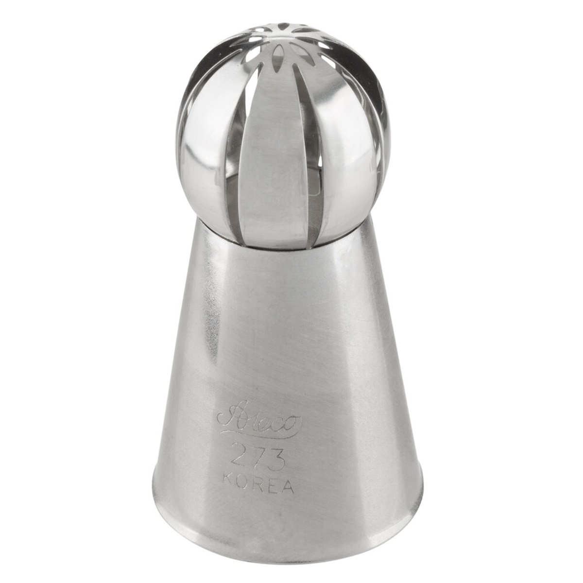 Ateco 273 Russian Ball Tip piping tip in stainless steel with ball-shaped opening and engraved Ateco 273 Korea markings