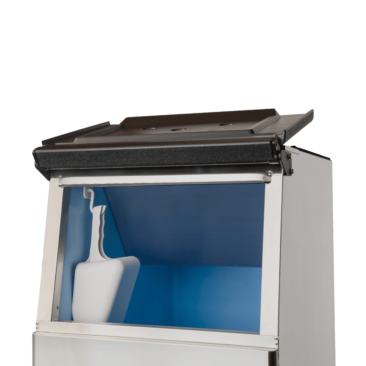 Enhanced 275 Ice Bin open interior showing blue-lined storage area with ice scoop