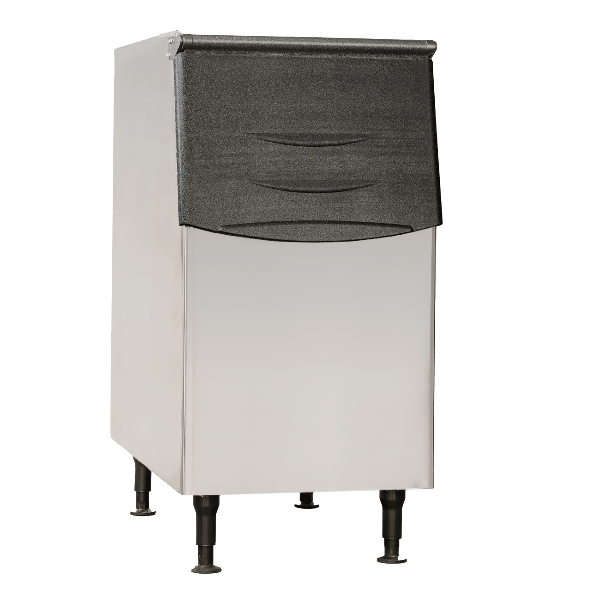 Enhanced 275 Ice Bin stainless steel exterior with flip-up lid and adjustable legs