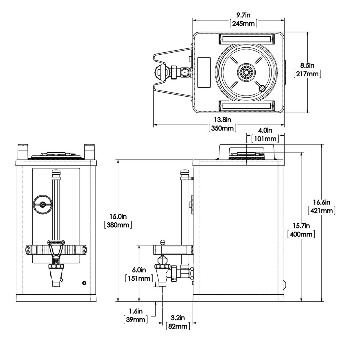 BUNN 27850.0001 three-view dimensional diagram showing height 16.6 in, width 8.5 in, and depth 13.8 in with metric equivalents