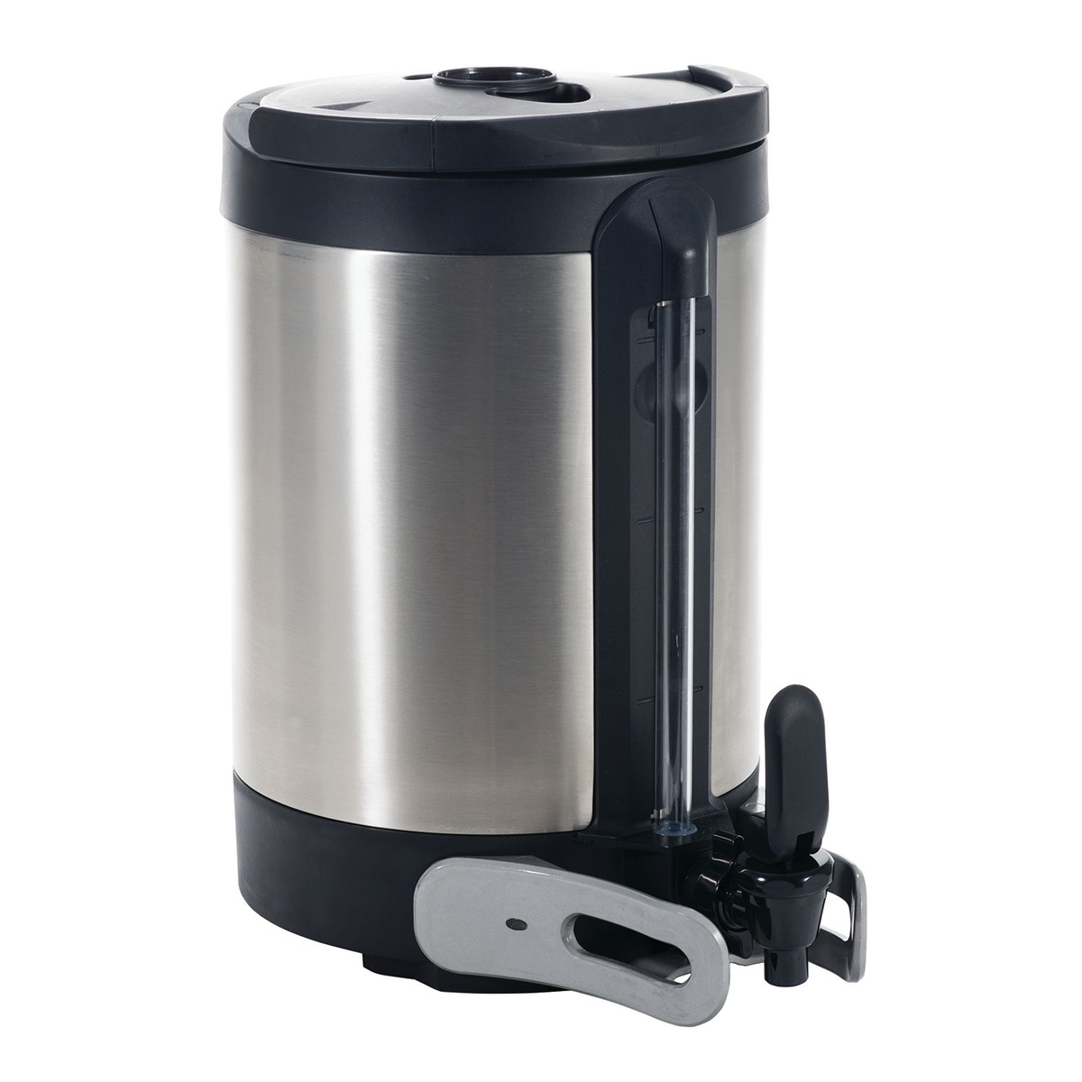 BUNN 27850.0200 Infusion Series 1.5 Gallon Stainless Steel Soft Heat Coffee Server with black lid, side-mounted handle, integrated sight gauge, and lever spigot