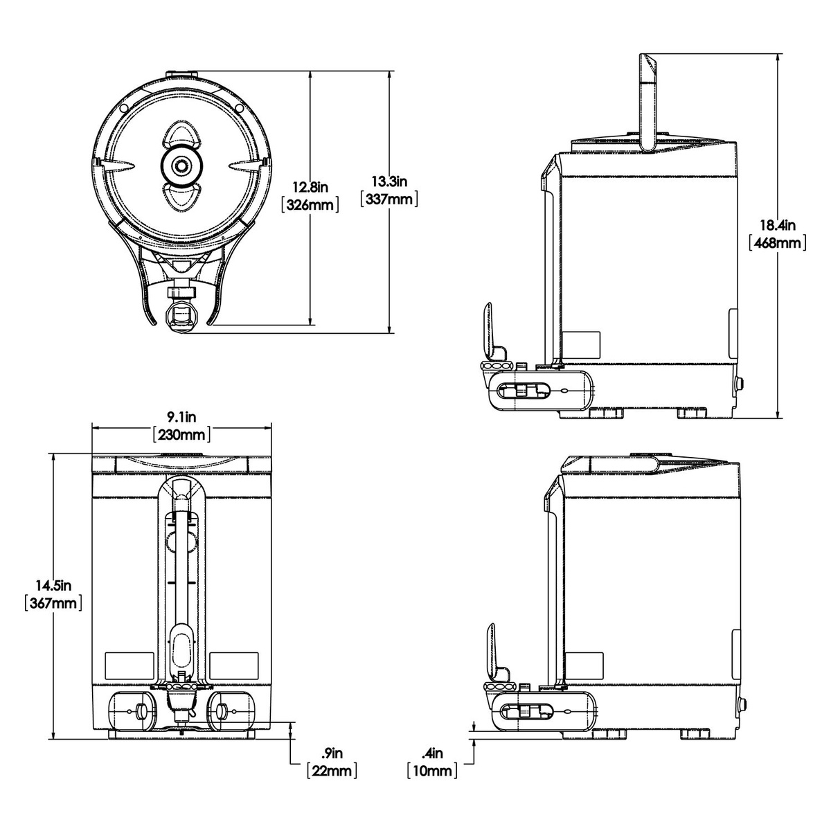 Technical dimension schematic of BUNN 27850.0200 coffee server showing measurements: 9.1 in. wide, 13.3 in. deep, 14.5 in. tall