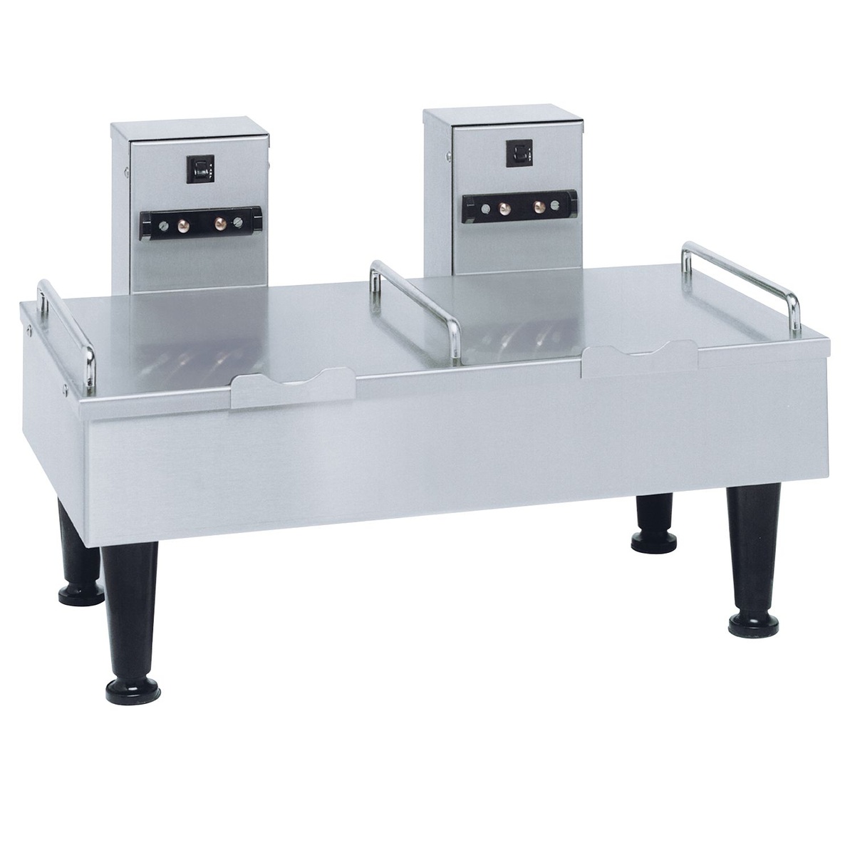 BUNN 2SH Soft Heat Stand with two docking stations and black legs, stainless steel finish