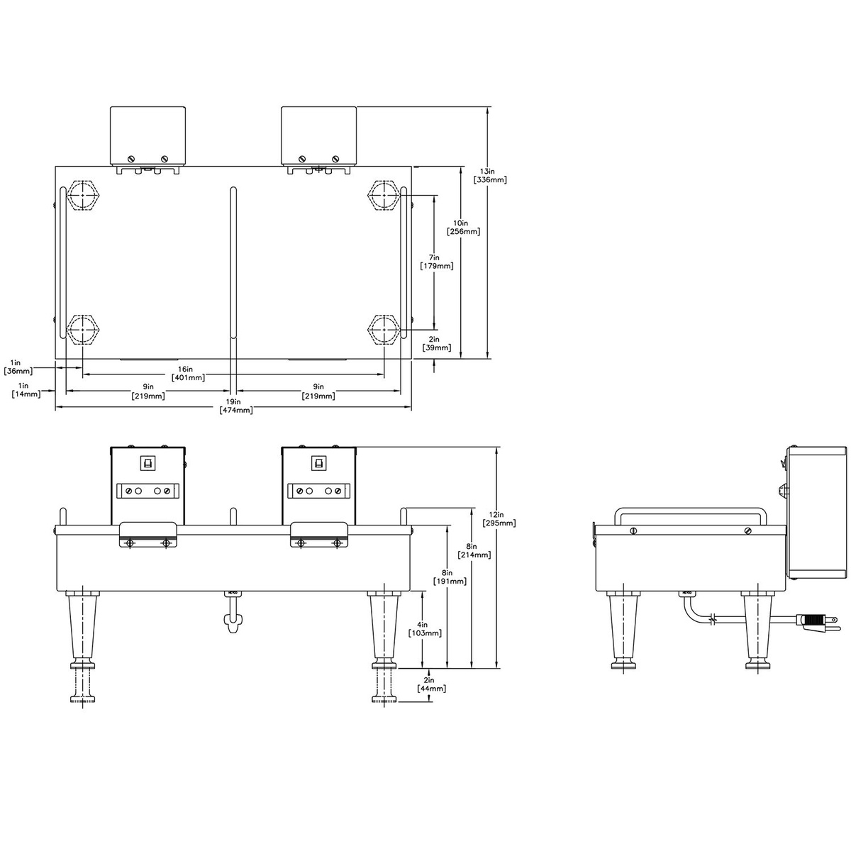 Technical CAD drawing of BUNN 2SH Soft Heat Stand showing top, front, and side views with dimensions