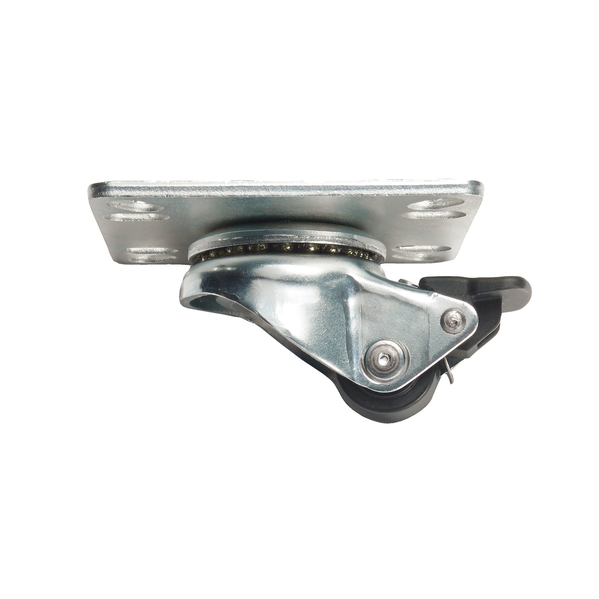 Krowne 28-109S ultra low profile plate caster side view showing metal mounting plate and grease-resistant nylon wheel with front brake