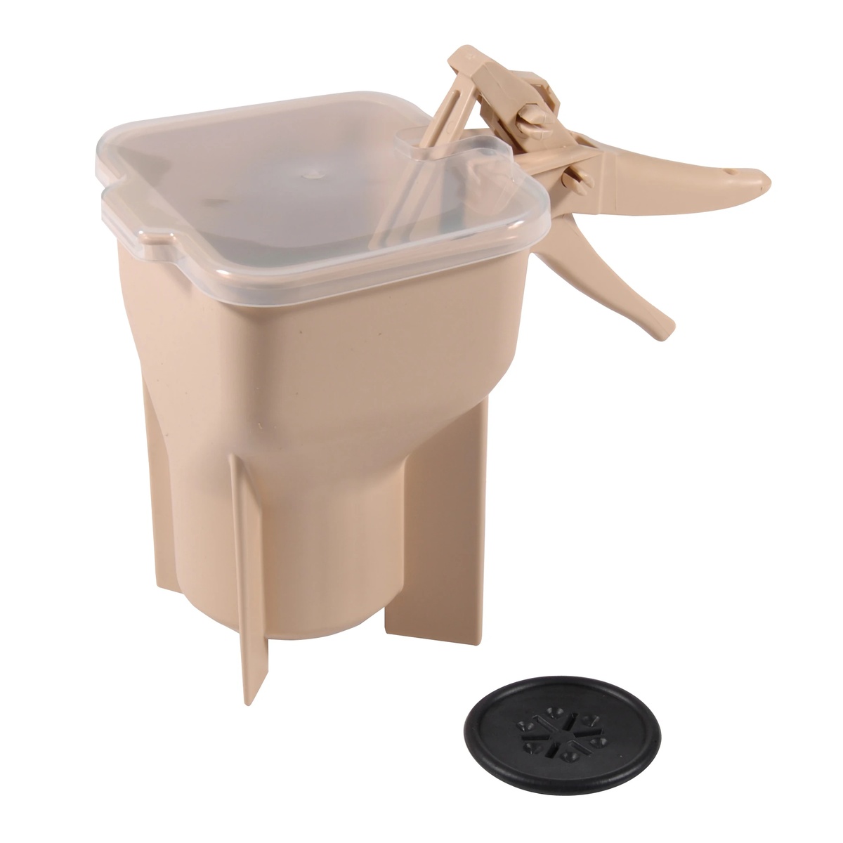 Vollrath Traex Batter Boss 48-oz almond portion control dispenser with clear snap-fit lid, trigger handle, stability legs, and included diffuser disc