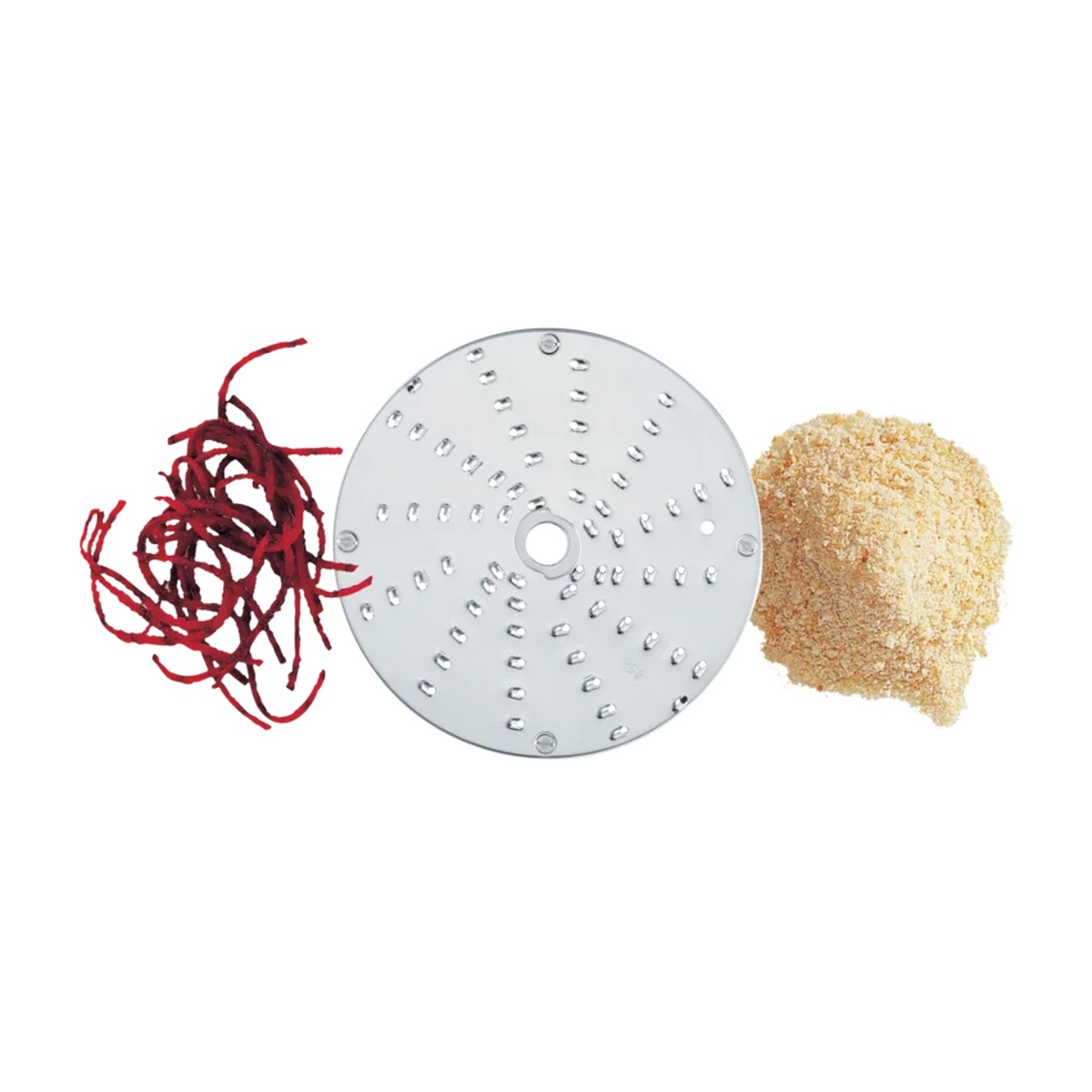 Fine grating disc shown with examples of grated beetroot and breadcrumb output