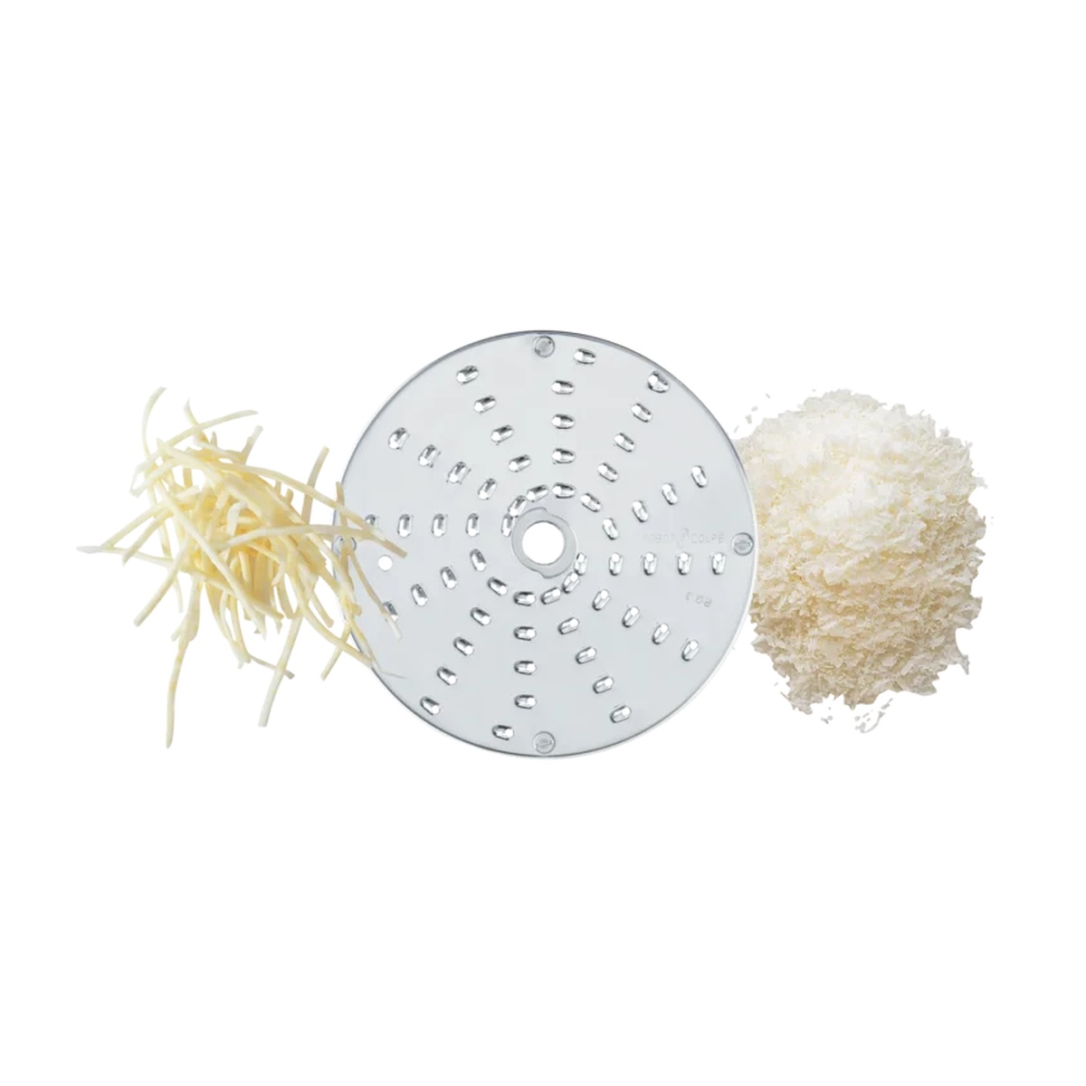 Robot Coupe 3mm grating disc shown alongside sample shredded mozzarella and grated Parmesan cheese