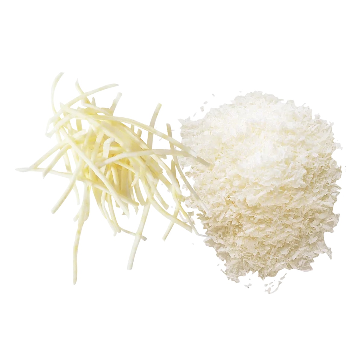 Close-up of 3mm grating results showing shredded stringy cheese beside fine grated Parmesan flakes