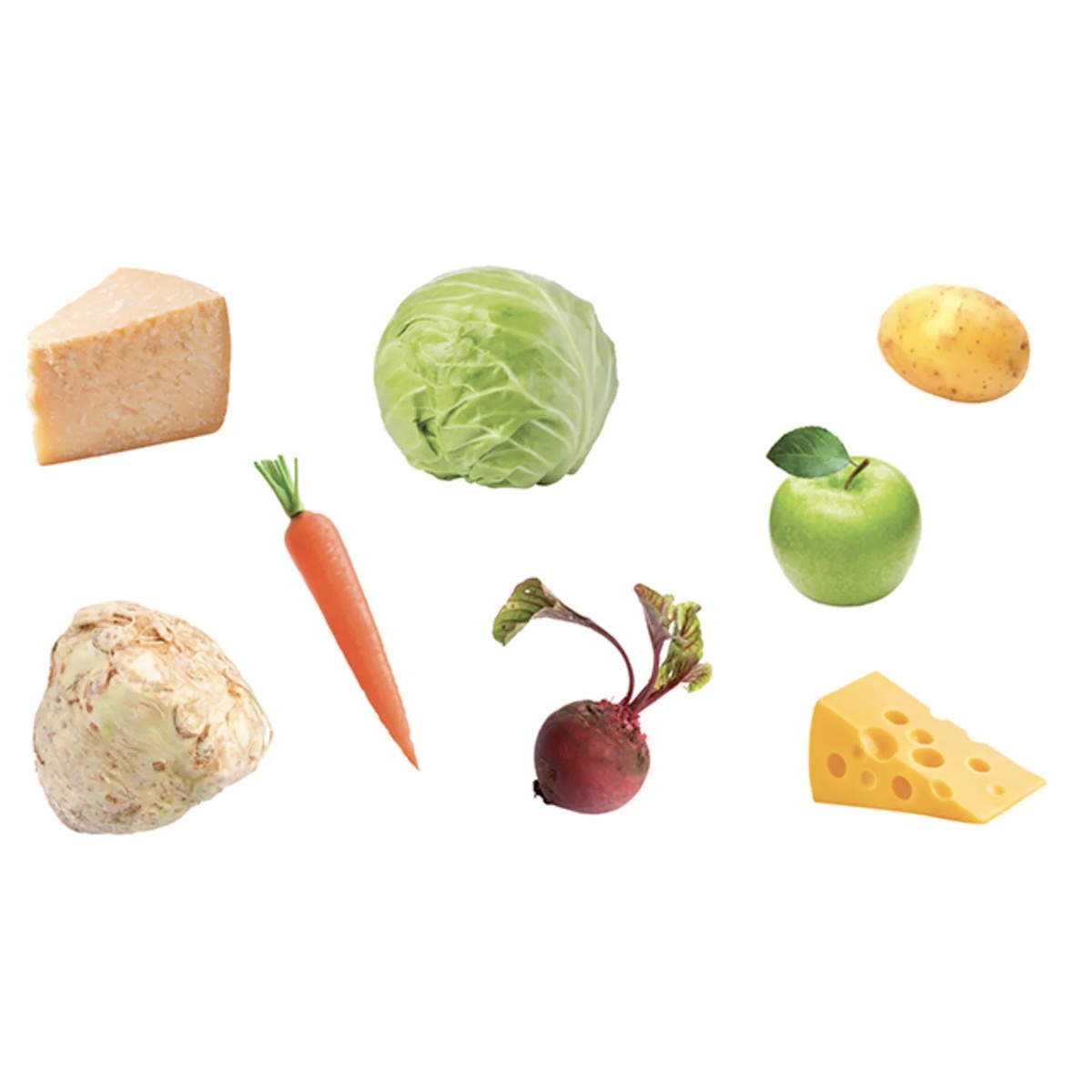 Array of compatible ingredients including cheese, cabbage, carrot, apple, beetroot, celeriac, and potato