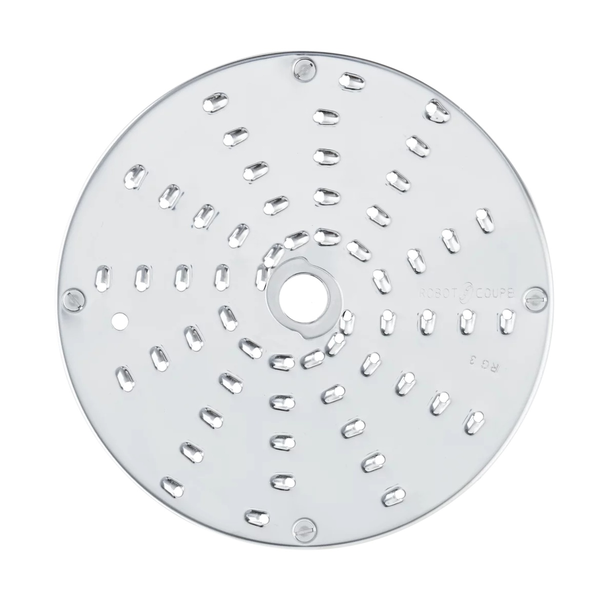 Robot Coupe 28058 medium grating disc, stainless steel, top view showing raised grating teeth