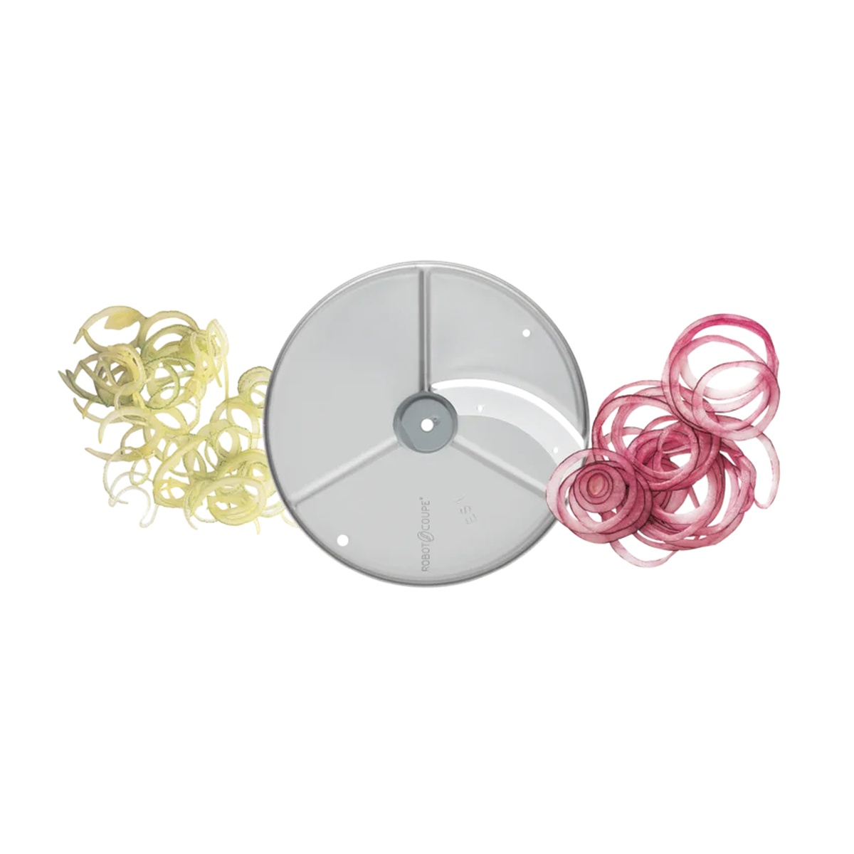 Robot Coupe slicing disc shown with thinly sliced onion rings in yellow and pink
