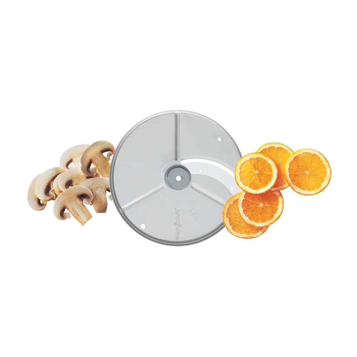 Robot Coupe slicing disc shown with sliced produce