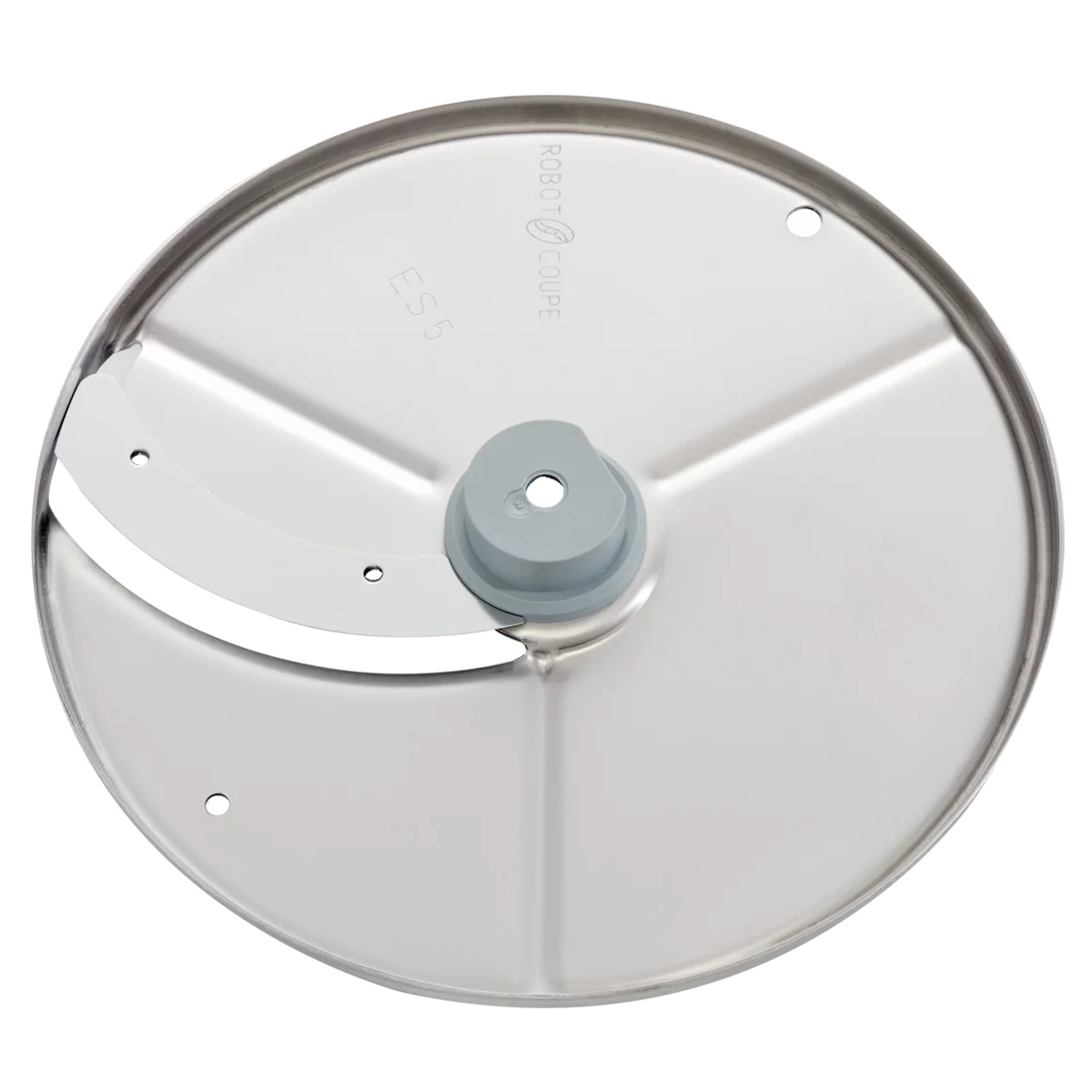 Close-up view of Robot Coupe stainless steel 3/16 inch slicing disc with center mounting hub