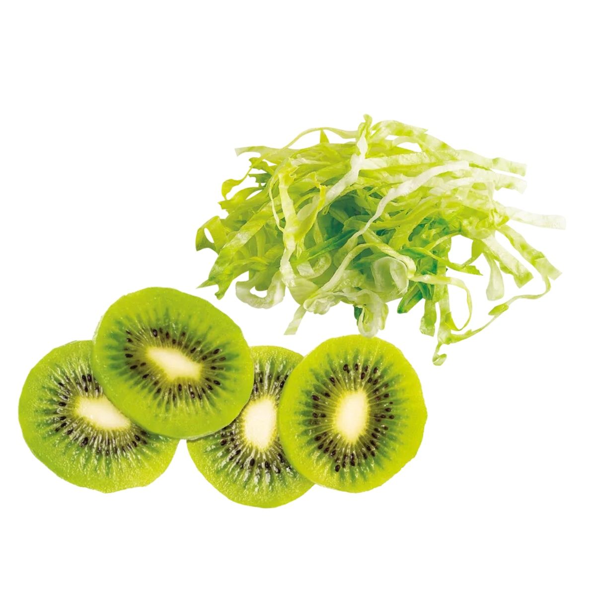 Freshly sliced kiwi rounds and julienned vegetables demonstrating Robot Coupe slicing disc output