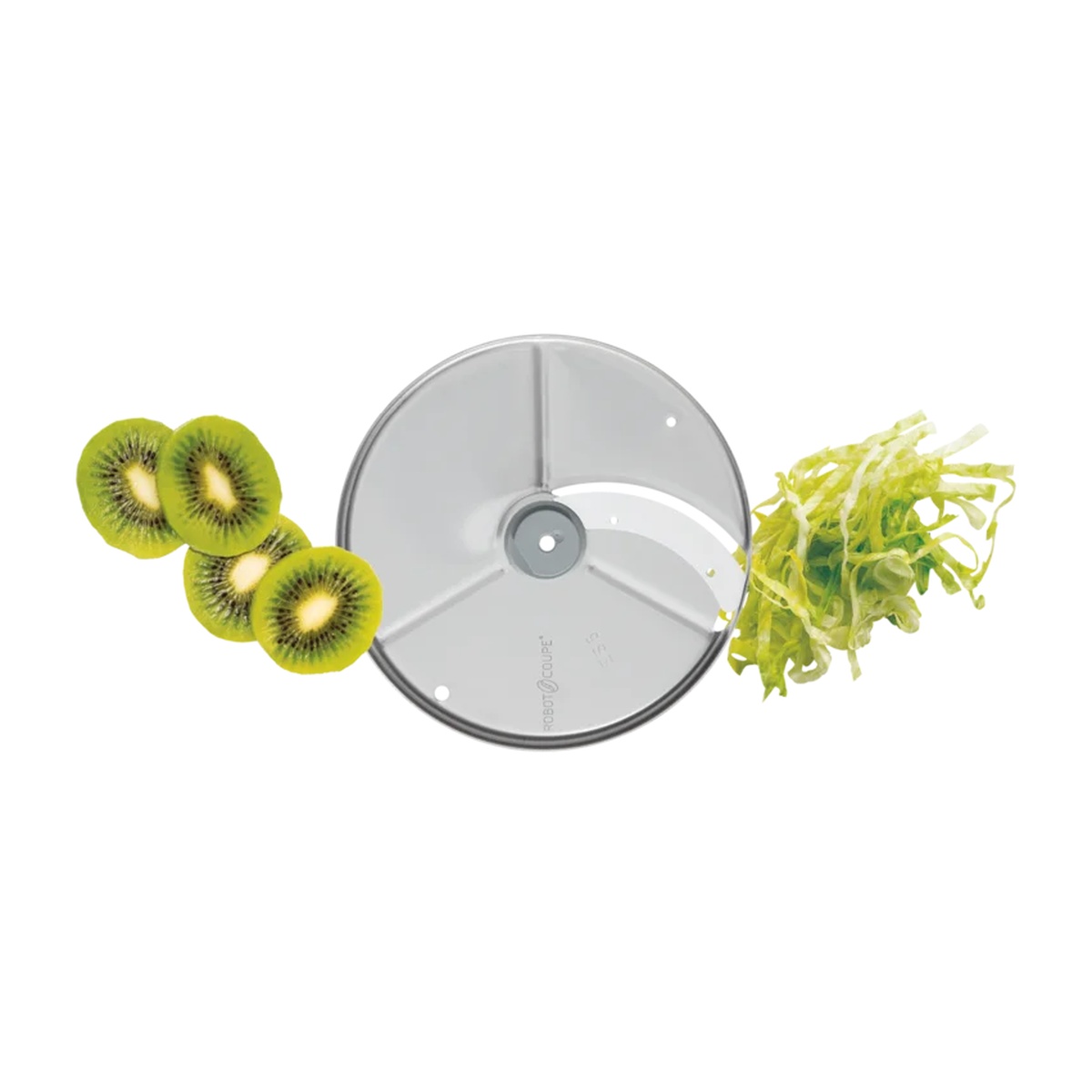 Robot Coupe 5mm slicing disc with precisely sliced kiwi rounds and julienned vegetables