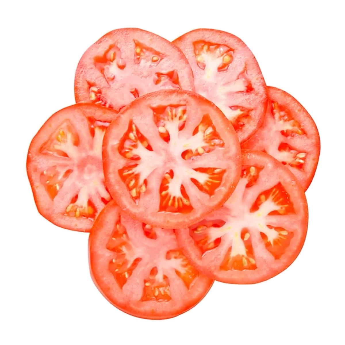 Uniform tomato slices arranged in circular pattern