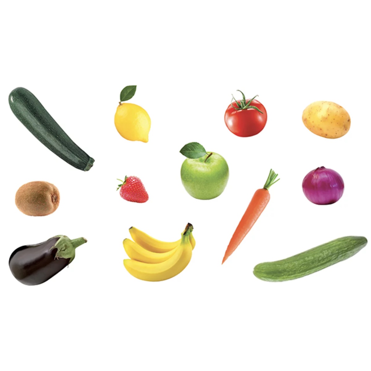 Assortment of fresh fruits and vegetables including zucchini, tomato, eggplant, and banana