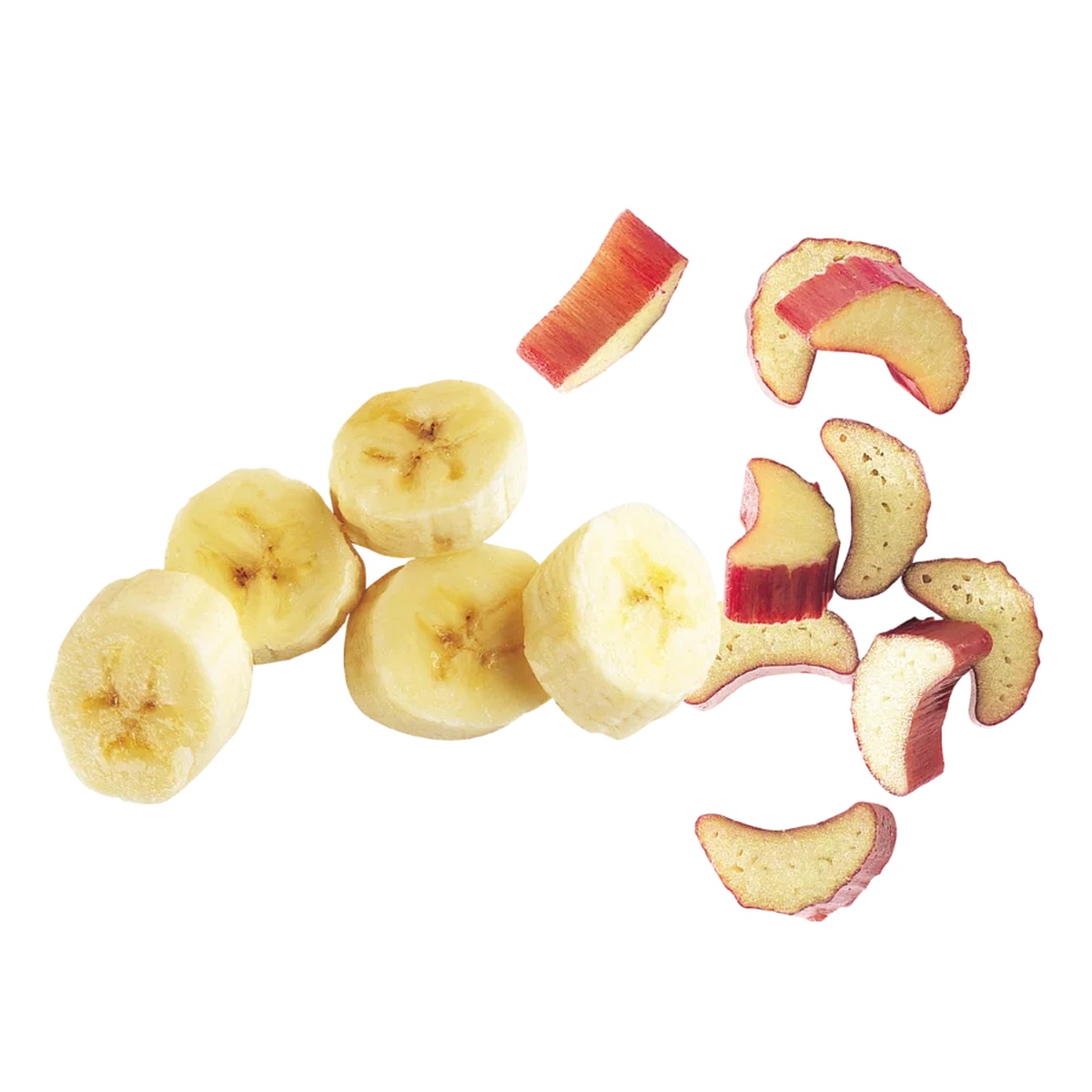 Uniformly sliced bananas and apples showing consistent 9/16 inch thickness