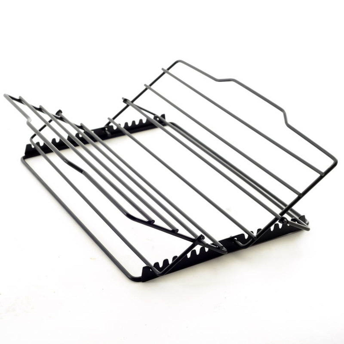 Norpro roasting rack shown in a low flat position, displaying the full wire grid surface and notched adjustment rails