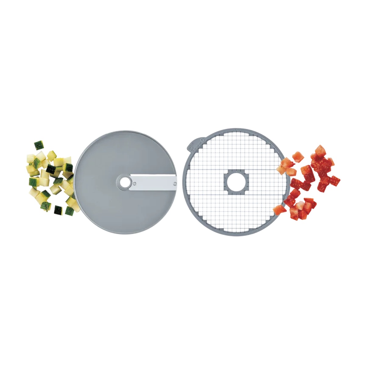 Robot Coupe dicing kit showing slicing disc, dicing grid, and examples of 8mm diced vegetables