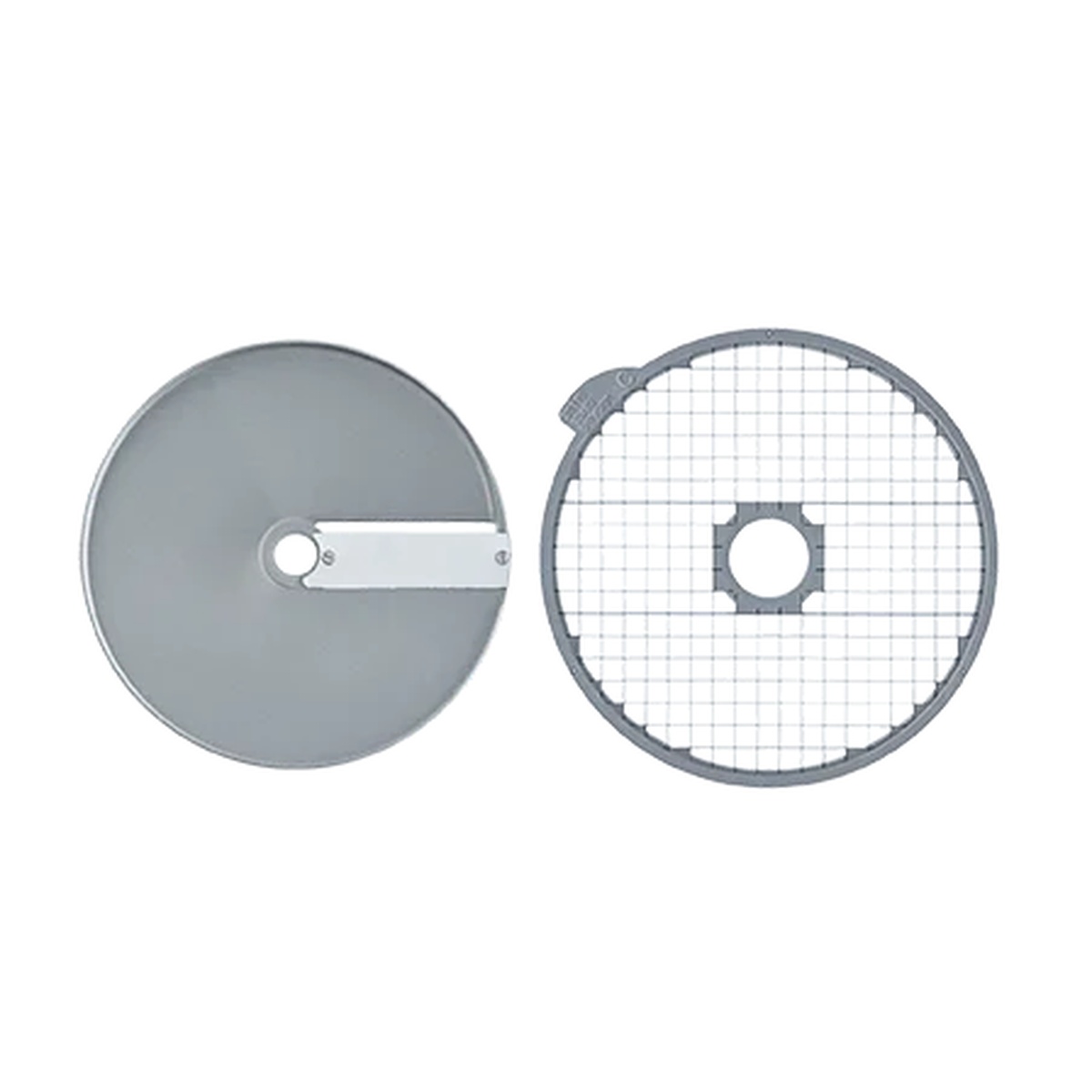 Detailed view of Robot Coupe slicing disc and dicing grid