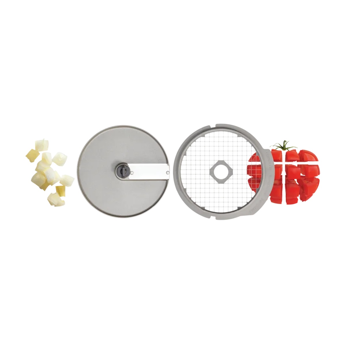 Robot Coupe dicing kit components with slicing disc, dicing grid, and diced vegetables