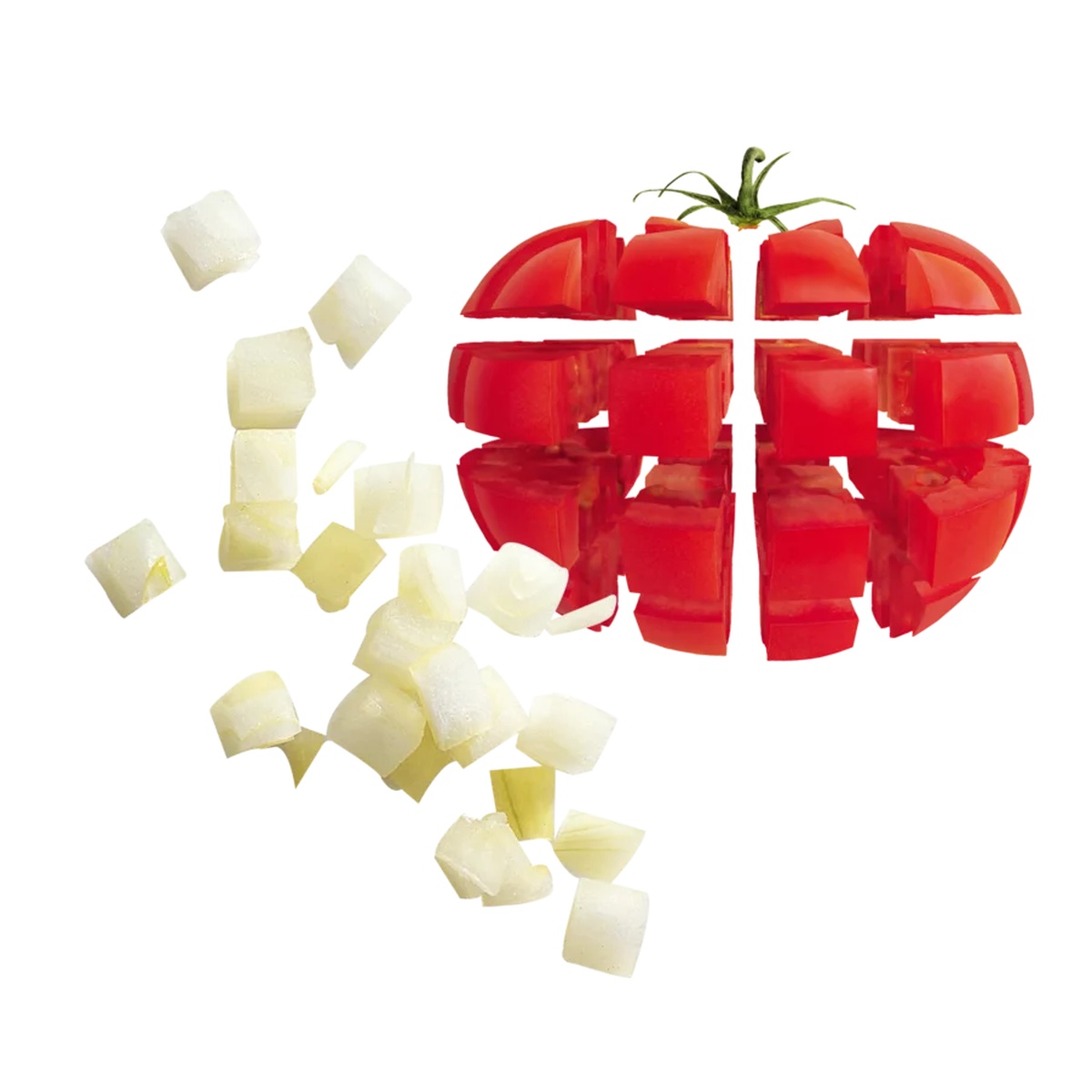Diced onion and tomato pieces produced with the 10 mm dicing kit