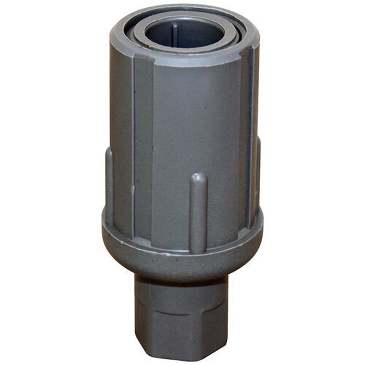 Gray plastic bullet foot for 1-5/8 inch OD round tubing, shown from angled view