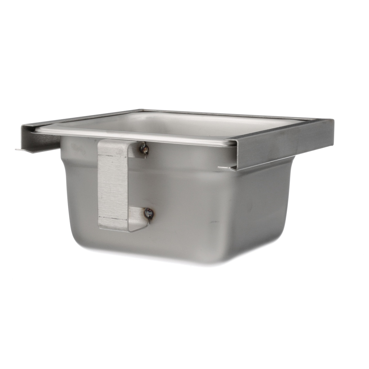 Stainless steel grease cup with mounting bracket, angled view showing interior and slide-out tray design