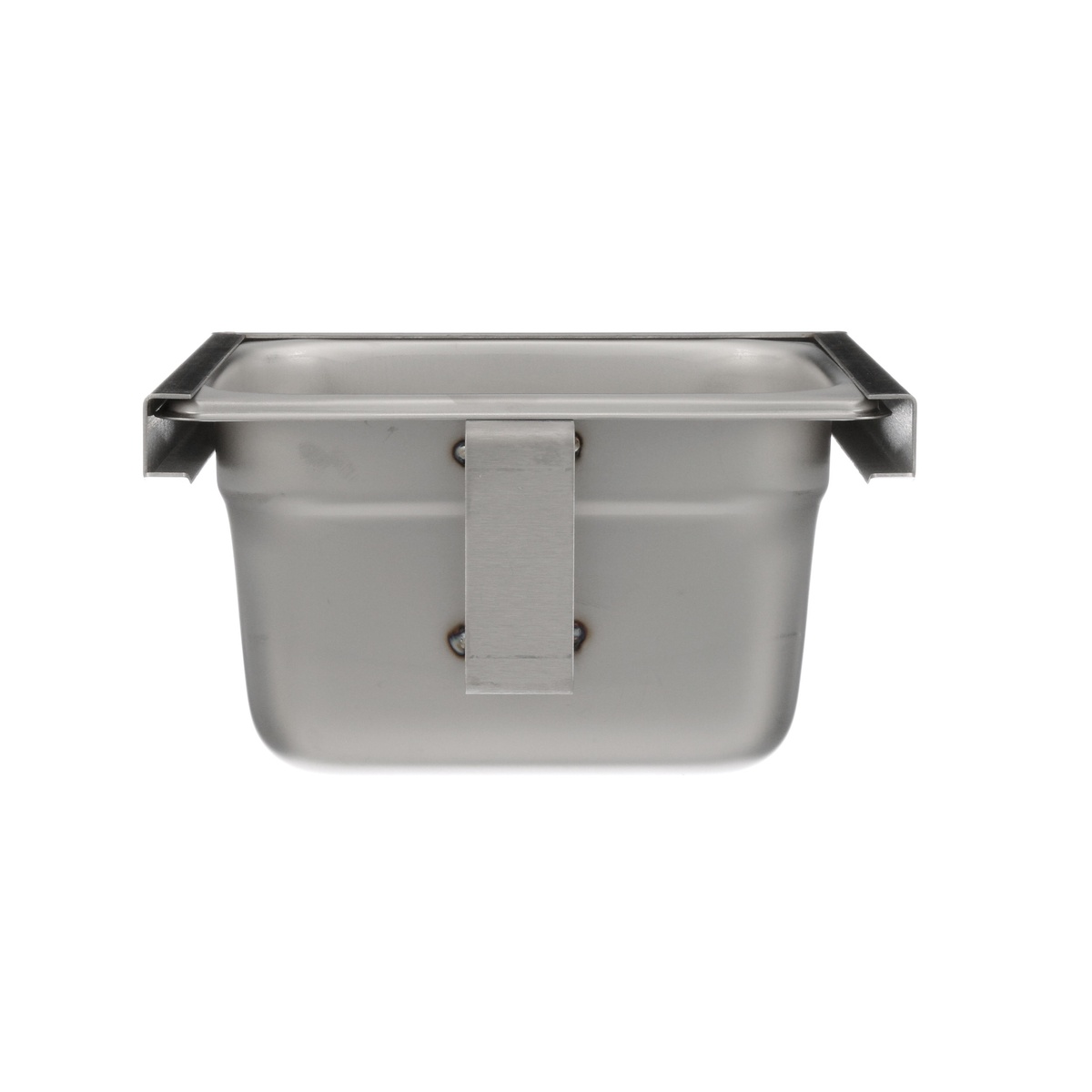 Stainless steel grease cup front view showing bracket attachment and deep tray basin