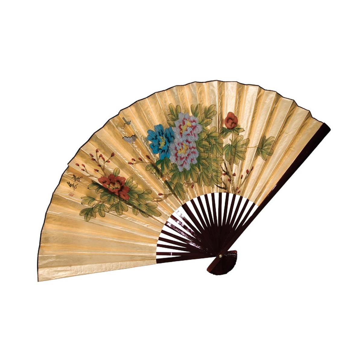 Large decorative wall fan hand-painted with butterflies and flowers on gold foil, shown fully open