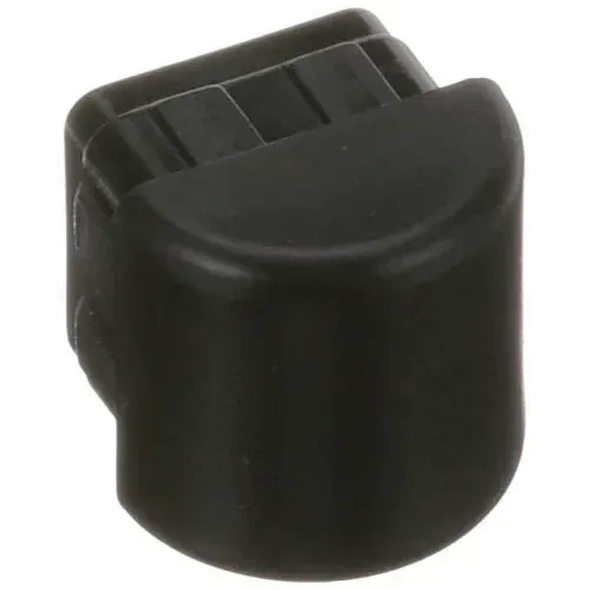 AllPoints 281891 black plastic stack chair glide, close-up view showing square tubular leg insert design