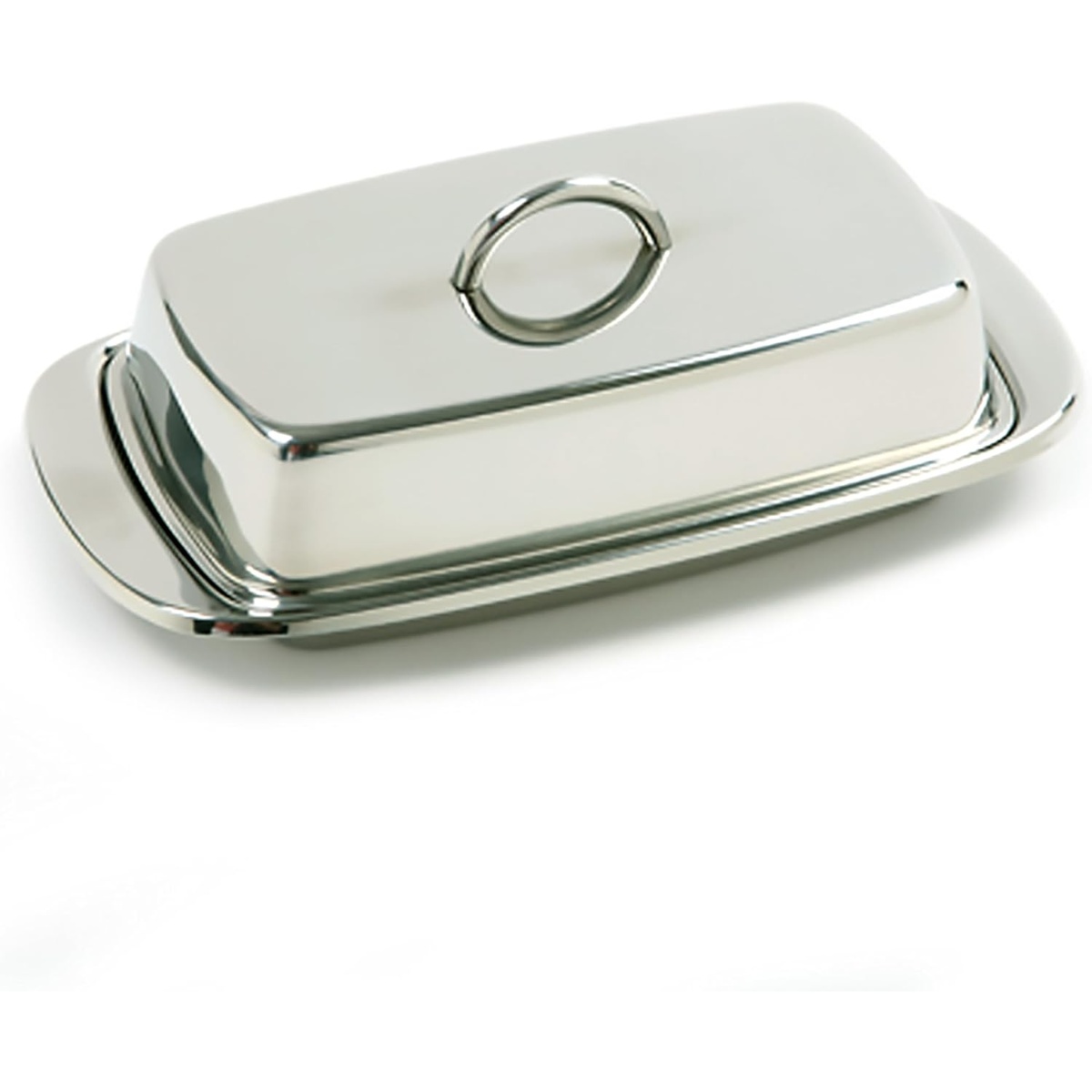Norpro stainless steel double butter dish with lid closed