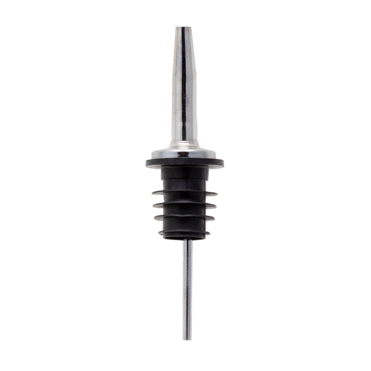 Spill-Stop 285-50 chrome liquor pourer with tapered spout and black poly-kork collar, isolated on white