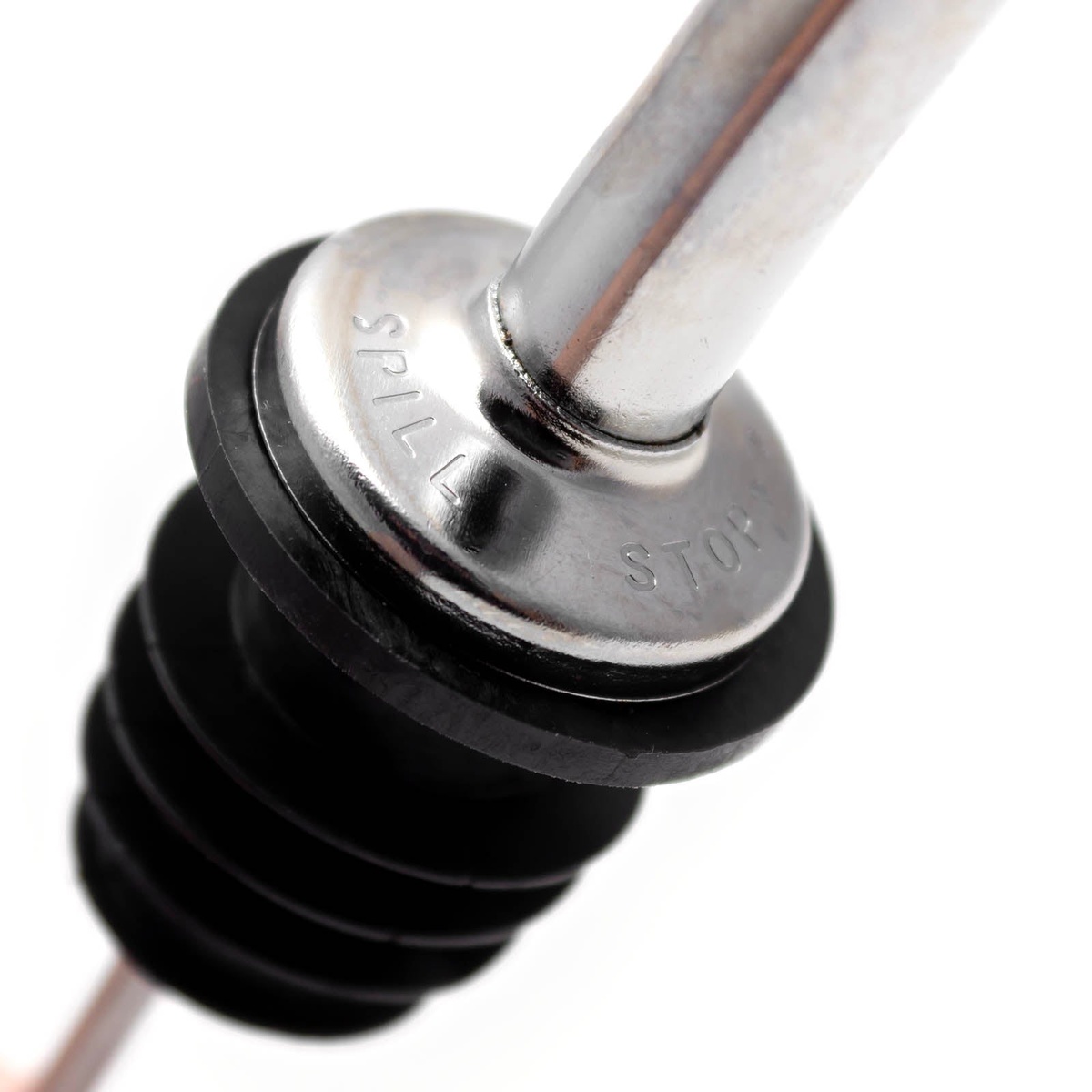 Close-up of the Spill-Stop branded chrome collar and ribbed black poly-kork stopper on white background
