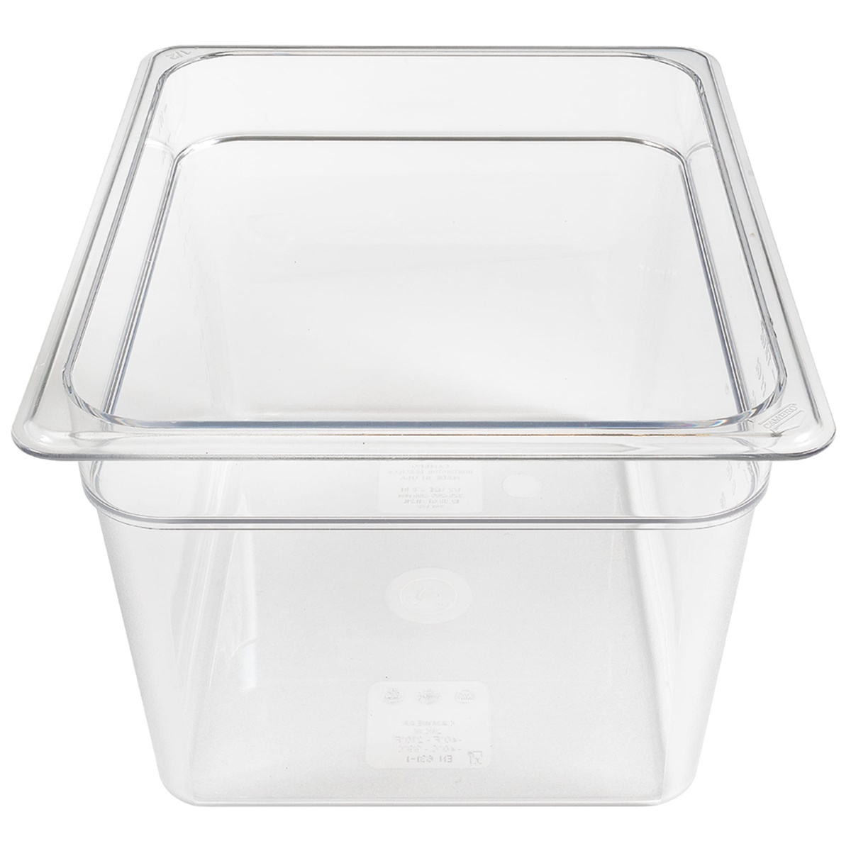 Cambro 28CW135 clear polycarbonate food pan, straight front view showing molded-in measurement graduations on sidewall