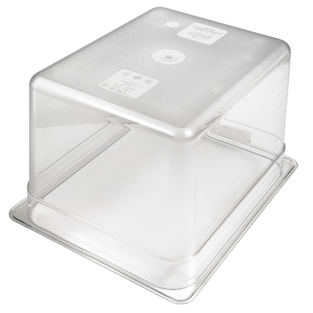 Cambro 28CW135 clear polycarbonate food pan shown with a compatible clear lid, demonstrating covered storage configuration