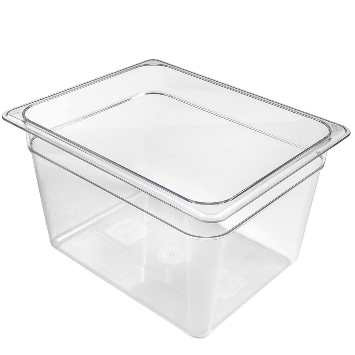 Cambro 28CW135 half-size clear polycarbonate food pan, angled three-quarter view showing depth and flange