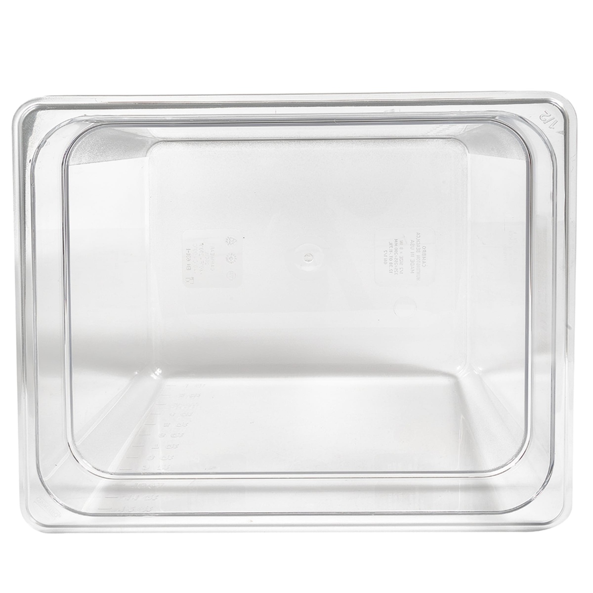 Cambro 28CW135 clear polycarbonate food pan, overhead top-down view showing smooth interior and large-radius corners
