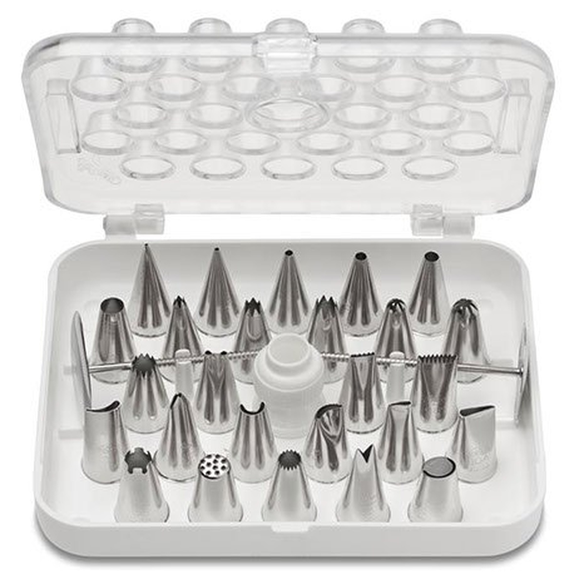 Ateco 29-Piece Decorating Tube Set model 782 open in white hinged plastic storage box showing assorted stainless steel piping tips, flower nails, and coupler