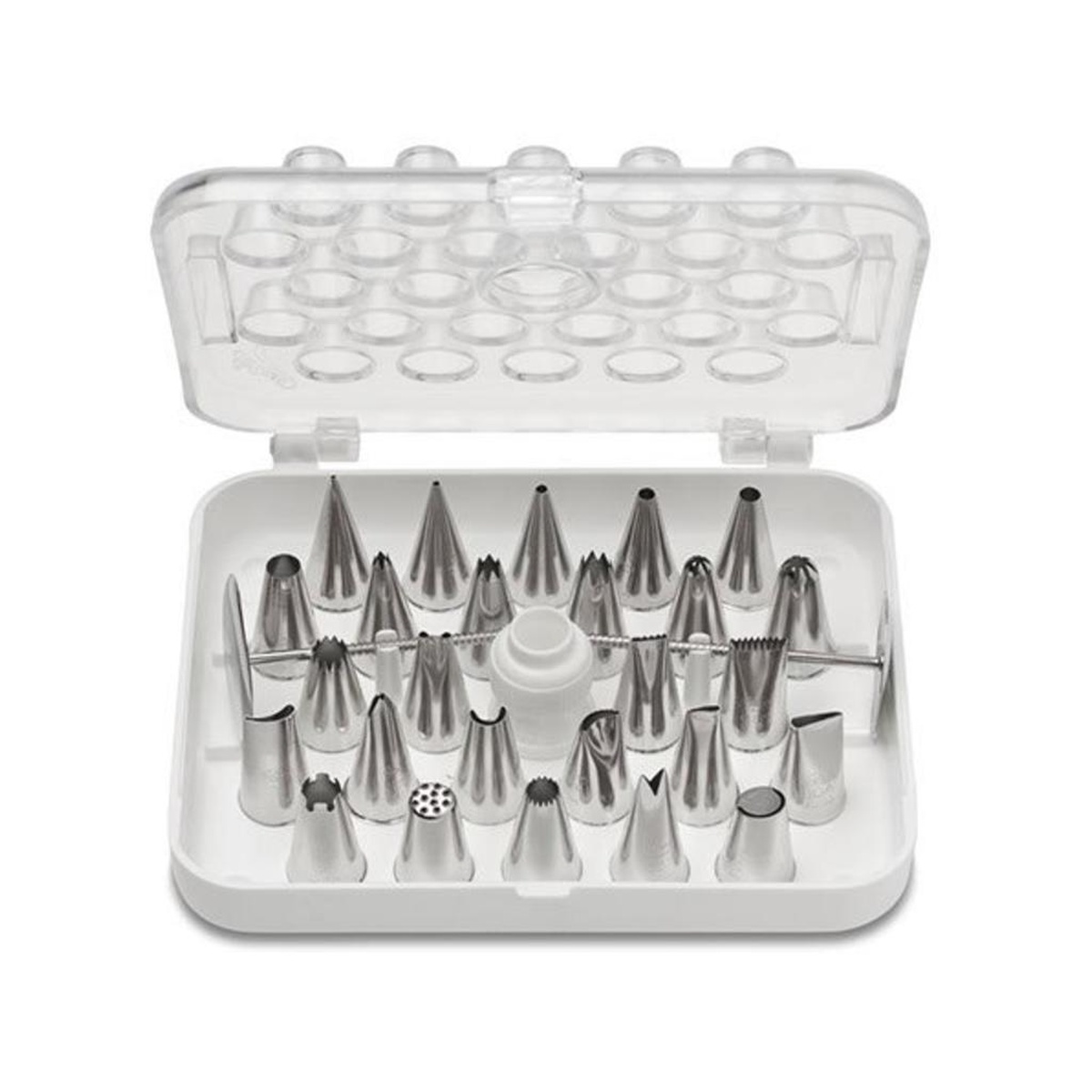 Close-up of Ateco 29-piece piping tip set in open hinged storage box with stainless steel tips organized by slot, flower nails and coupler visible at center