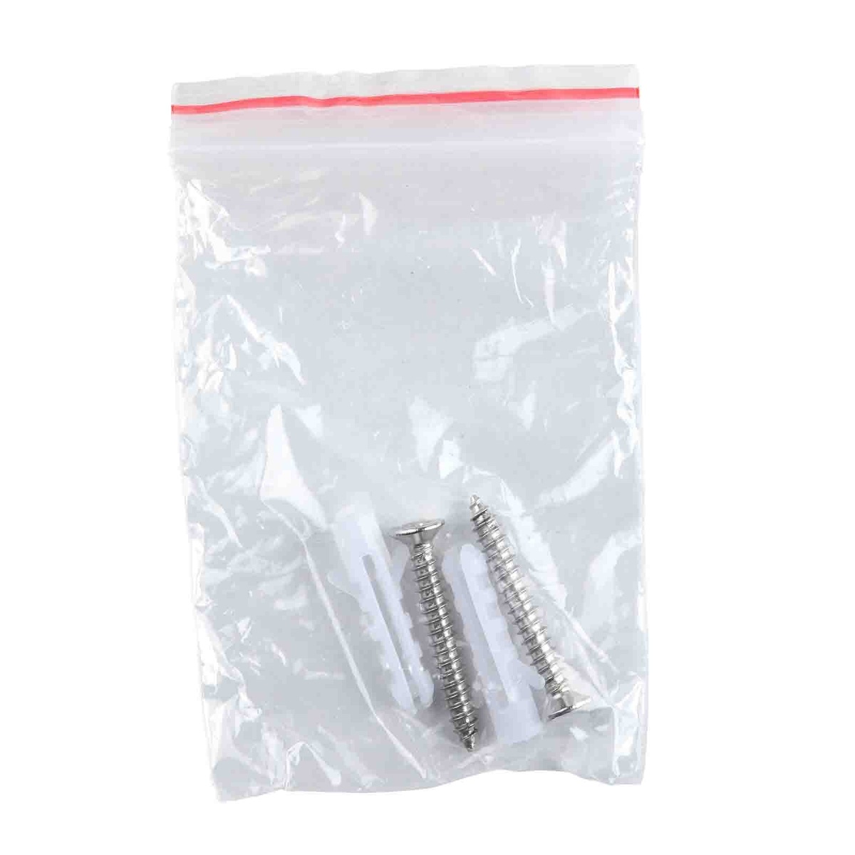 Close up of the included mounting screws and wall anchors in a clear plastic bag
