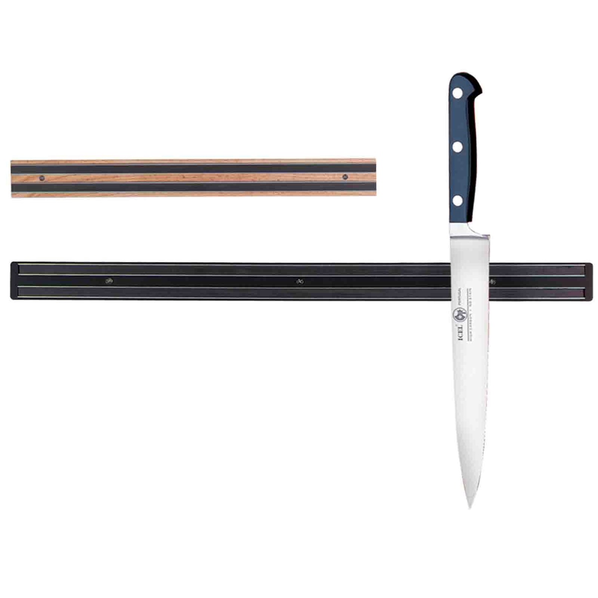 Comparison view showing the wood magnetic holder alongside a standard black holder with a knife attached