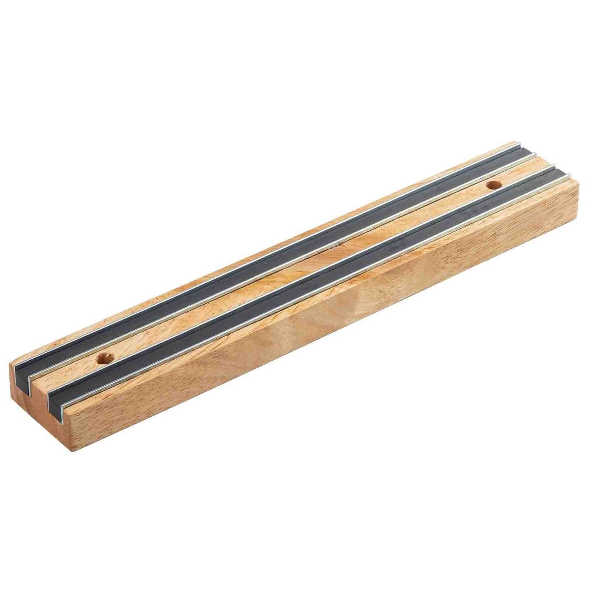 Angled view of the 12 inch wood magnetic knife holder showing the dual magnetic strips