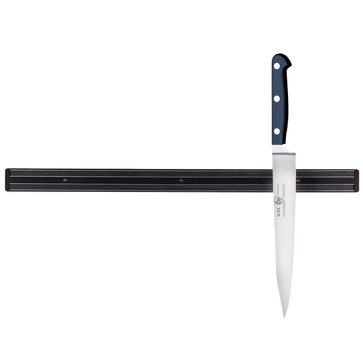 TableCraft 2924P 24-inch black magnetic knife holder strip with a chef's knife attached